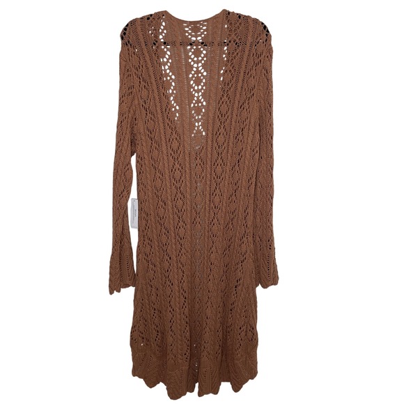 Venus Crochet Cardigan Womens 2X Brown Front Tie Tassel Cotton Longline Festival - Picture 9 of 10